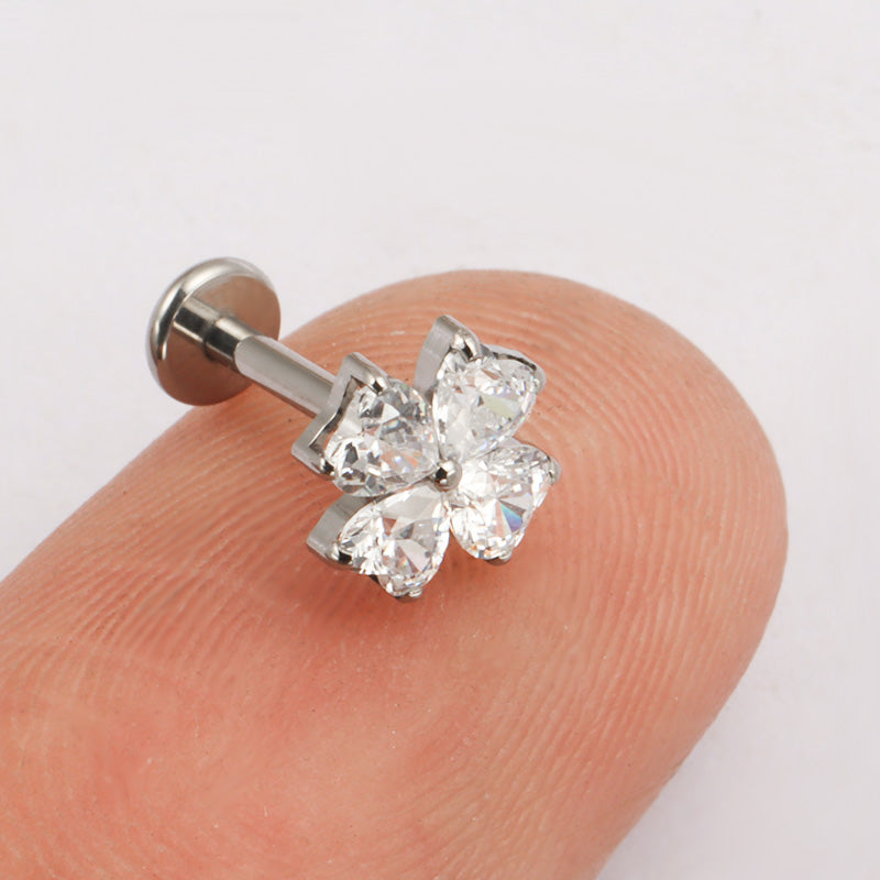 ZOOR ASTM F136 Titanium Four Leaf Clover Heart CZ Internally Threaded Labret Stud Tragus Helix Piercing Earring
