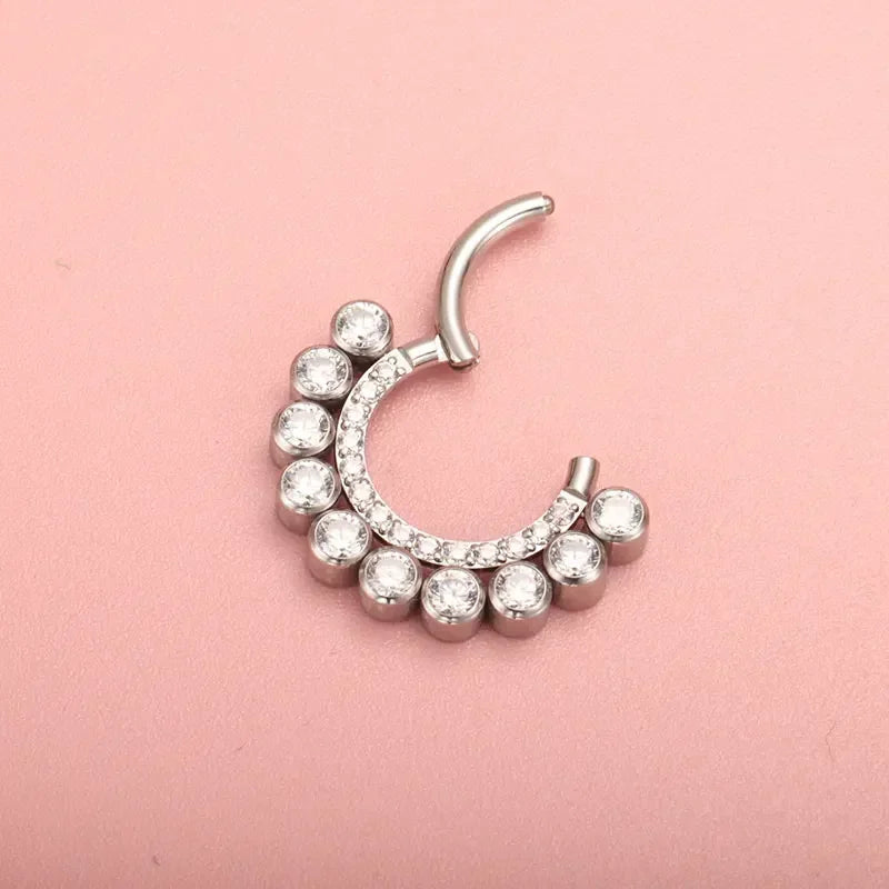 ZOOR ASTM F136 G23 Titanium Fan‑Shaped Paved Clear CZ Hinged Clicker Hoop Septum Daith Helix Cartilage Piercing Jewelry 16G