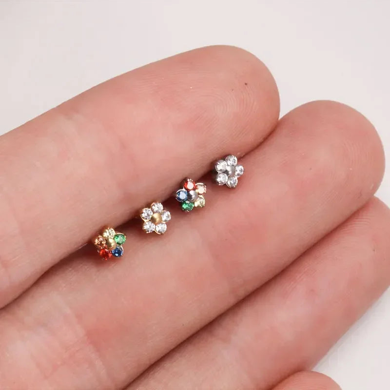 ZOOR ASTM F136 Titanium Flower CZ Internally Threaded Labret Stud 3.2mm & 4.5mm Tragus Helix Piercing Earring