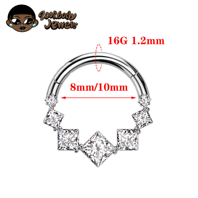 ZOOR ASTM F136 G23 Titanium Square Princess‑Cut Clear CZ Hinged Clicker Hoop Septum Daith Helix Cartilage Piercing Jewelry