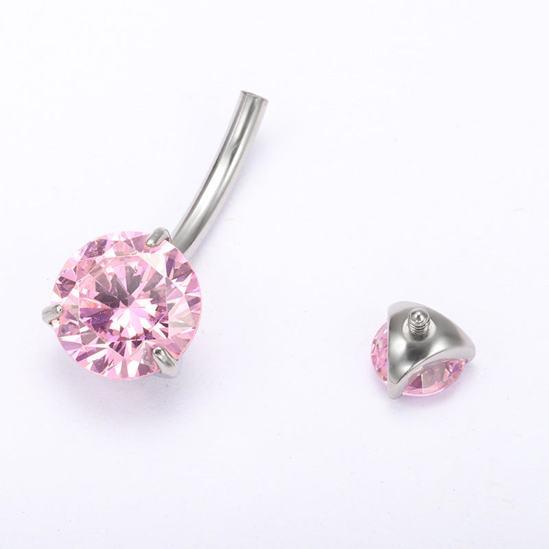 ZOORBODY JEWELRY ASTM F136 Titanium Belly Button Rings Internal Thread Double Round CZ Navel Piercing Curved Barbell, Shiny Clear Pink Zircon Body Piercing Accessories