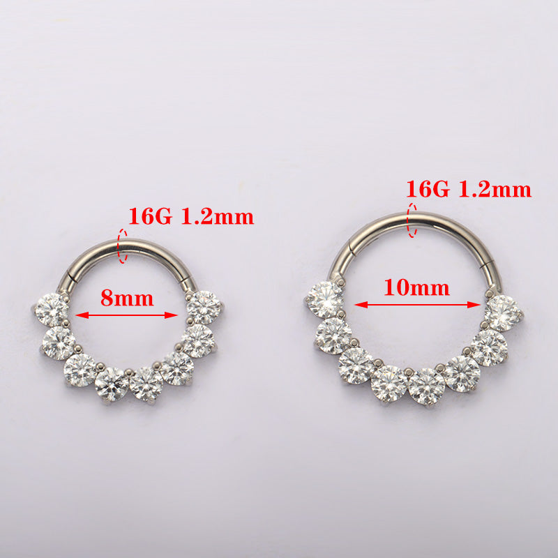 ZOOR ASTM F136 G23 Titanium 7‑Stone Fan‑Shape Clear CZ Hinged Clicker Hoop Septum Daith Helix Cartilage Piercing Jewelry