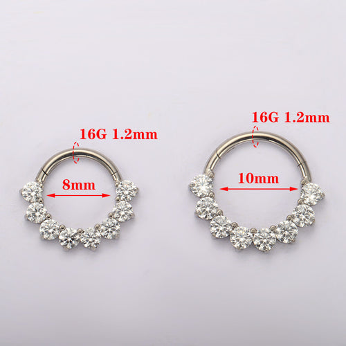 ZOOR ASTM F136 G23 Titanium 7‑Stone Fan‑Shape Clear CZ Hinged Clicker Hoop Septum Daith Helix Cartilage Piercing Jewelry