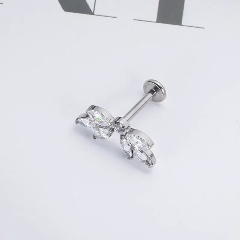 ZOOR ASTM F136 Titanium Marquise CZ Leaf Internal Thread Labret Stud Helix Tragus Piercing Earring