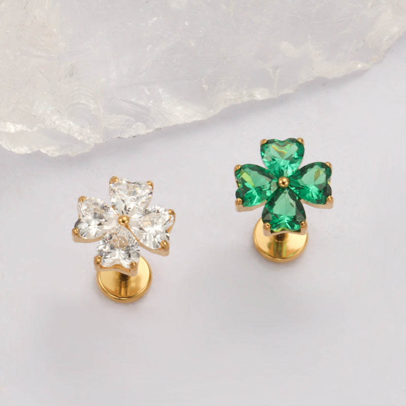 ZOOR ASTM F136 Titanium Four Leaf Clover Heart CZ Internally Threaded Labret Stud Tragus Helix Piercing Earring