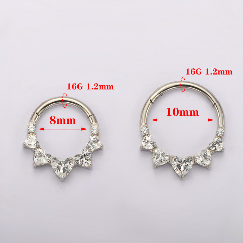 ZOOR ASTM F136 G23 Titanium Multi‑Heart Clear CZ Hinged Clicker Hoop Septum Daith Helix Cartilage Piercing Jewelry