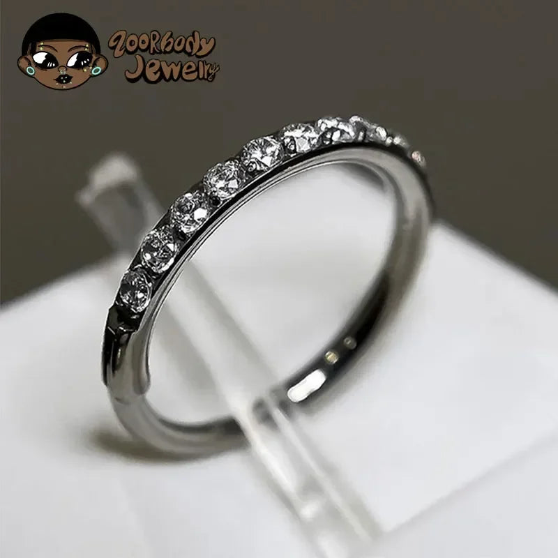 ZOOR Titanium Half Paved CZ Hinged Clicker Ring
