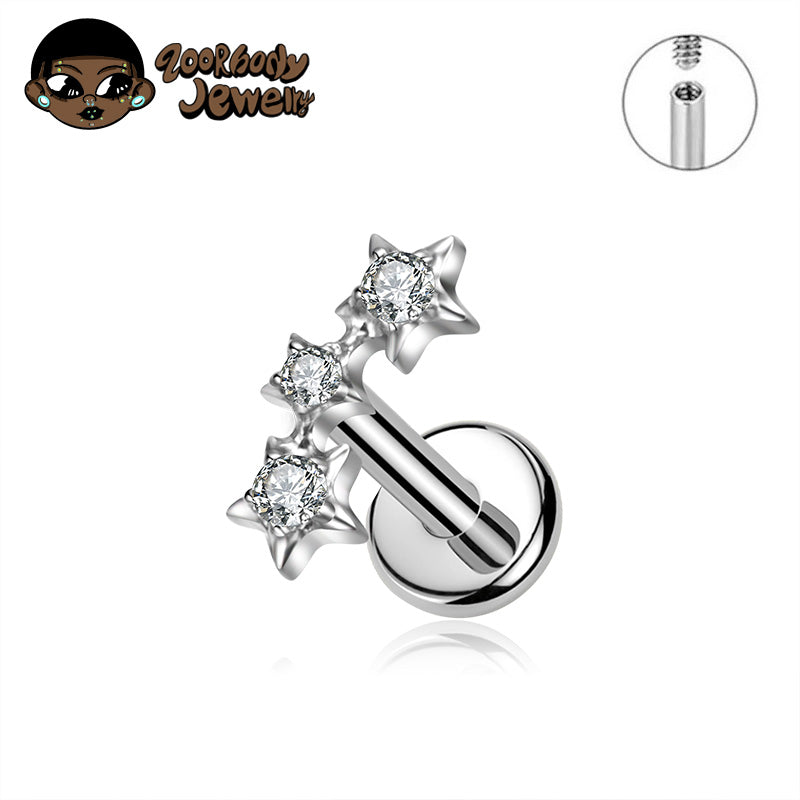 ZOOR ASTM F136 Titanium Triple Star Cluster Cartilage Earring 16G 18G Flat Back Labret Stud New Tragus Helix Piercing Jewelry