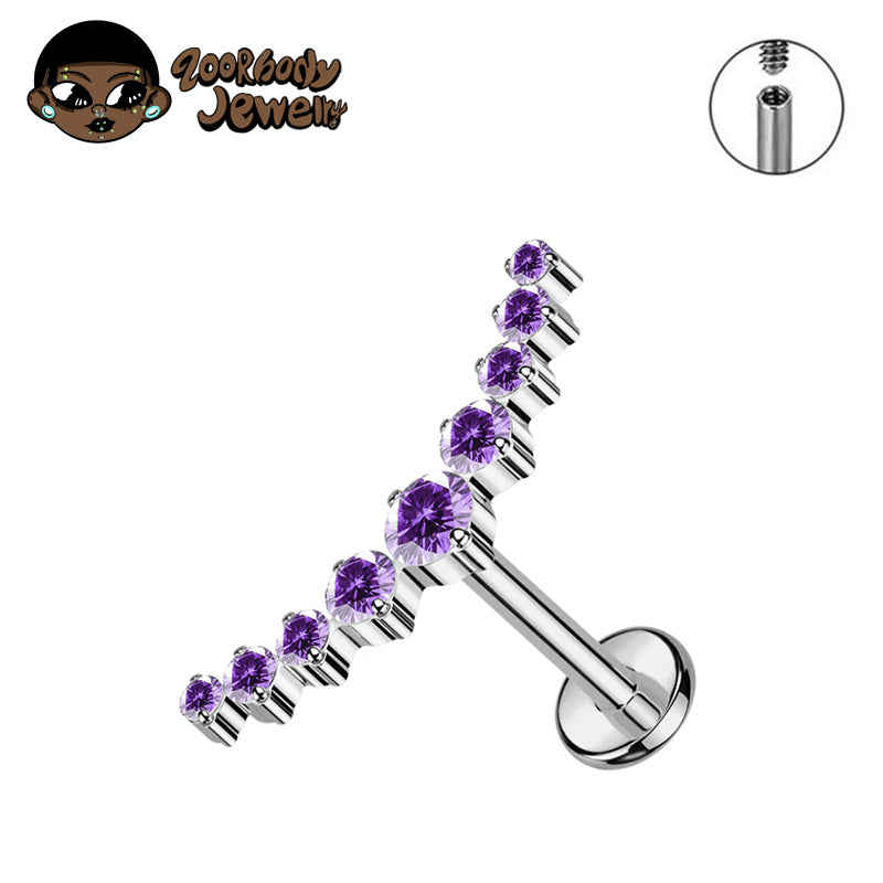 ZOOR ASTM F136 Titanium Curved Arc Round CZ Internally Threaded Labret Stud Helix Tragus Piercing Earring