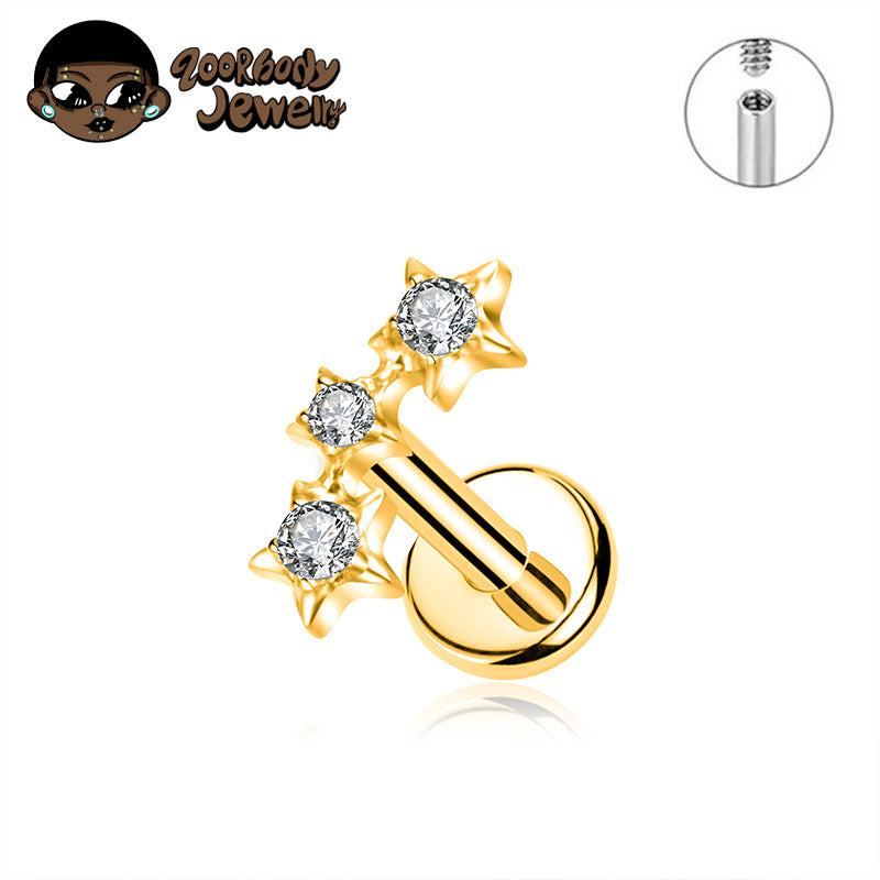 ZOOR ASTM F136 Titanium Triple Star Cluster Cartilage Earring 16G 18G Flat Back Labret Stud New Tragus Helix Piercing Jewelry