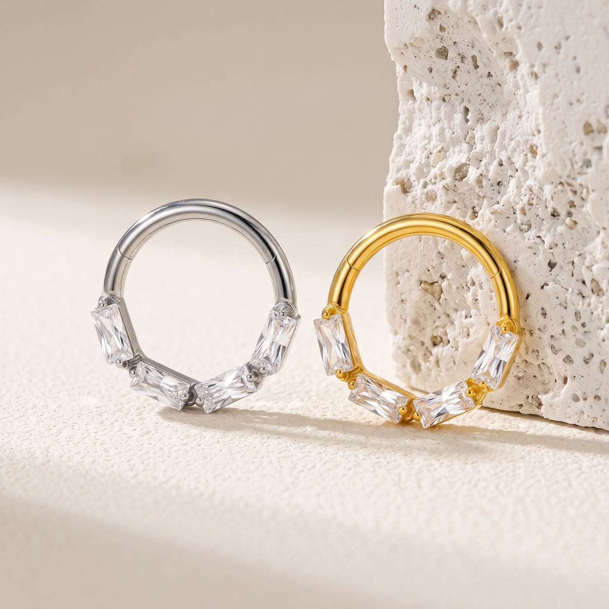 ZOOR Titanium Baguette Cut CZ Hinged Hoop