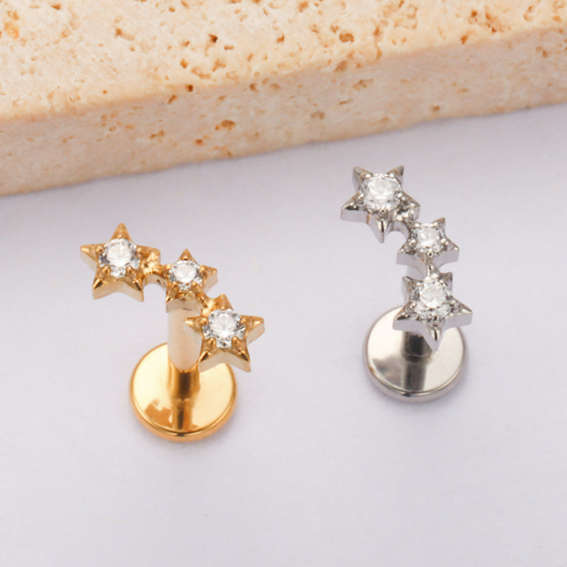 ZOOR ASTM F136 Titanium Triple Star Cluster Cartilage Earring 16G 18G Flat Back Labret Stud New Tragus Helix Piercing Jewelry
