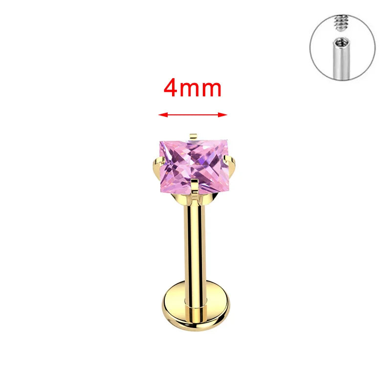 ZOOR ASTM F136 Titanium with Square Heart CZ Threaded Labret 3mm/4mm CZ Cartilage Tragus Helix Nose Stud Piercing Jewelry