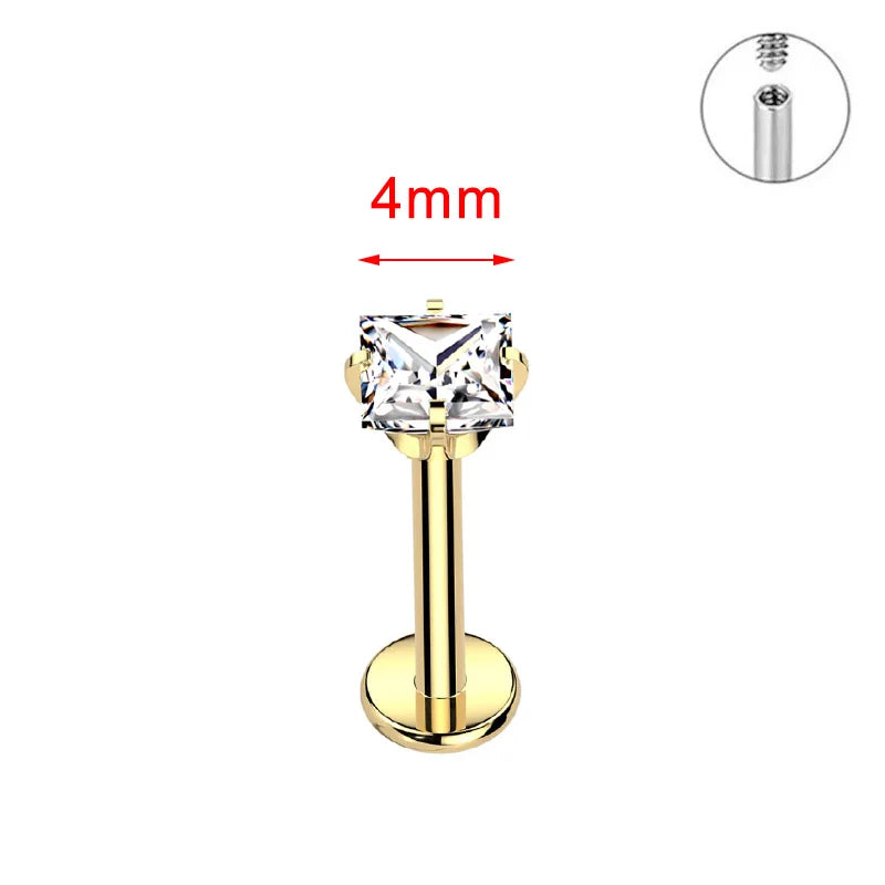 ZOOR ASTM F136 Titanium with Square Heart CZ Threaded Labret 3mm/4mm CZ Cartilage Tragus Helix Nose Stud Piercing Jewelry