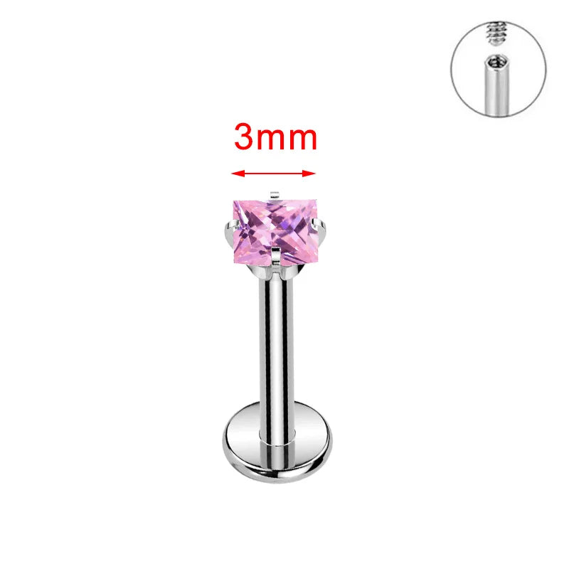 ZOOR ASTM F136 Titanium with Square Heart CZ Threaded Labret 3mm/4mm CZ Cartilage Tragus Helix Nose Stud Piercing Jewelry