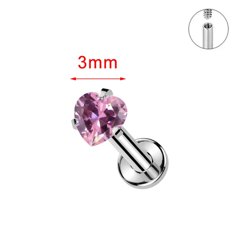ZOOR ASTM F136 Titanium with Square Heart CZ Threaded Labret 3mm/4mm CZ Cartilage Tragus Helix Nose Stud Piercing Jewelry