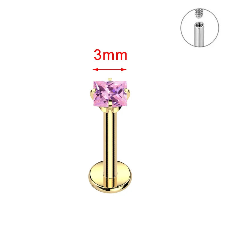 ZOOR ASTM F136 Titanium with Square Heart CZ Threaded Labret 3mm/4mm CZ Cartilage Tragus Helix Nose Stud Piercing Jewelry