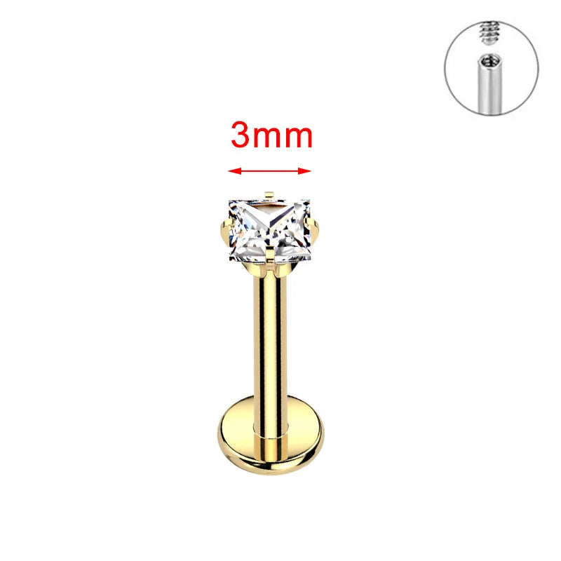 ZOOR ASTM F136 Titanium with Square Heart CZ Threaded Labret 3mm/4mm CZ Cartilage Tragus Helix Nose Stud Piercing Jewelry