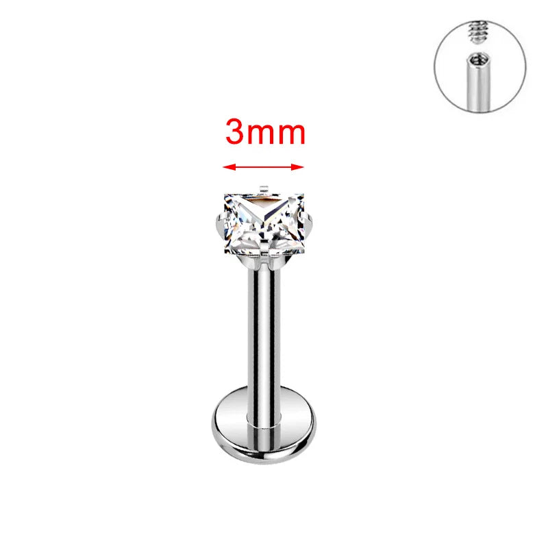 ZOOR ASTM F136 Titanium with Square Heart CZ Threaded Labret 3mm/4mm CZ Cartilage Tragus Helix Nose Stud Piercing Jewelry