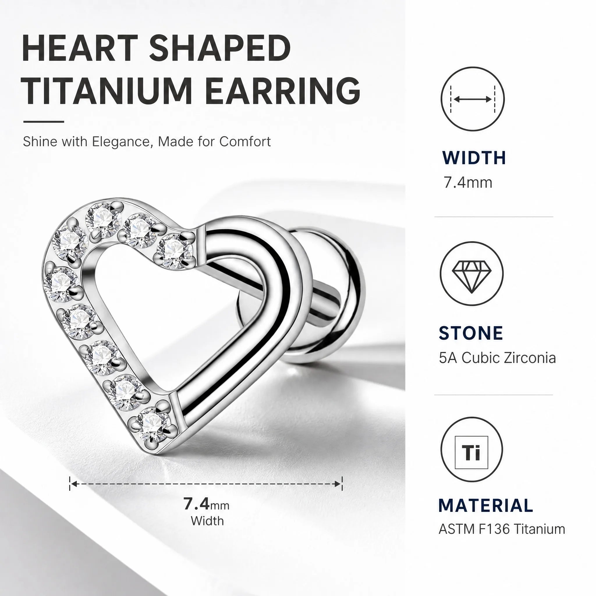 ZOOR ASTM F136 Titanium Piercing CZ Heart Labret Earring Internally Threaded Cartilage Tragus Medusa Lip Monroe Body Jewelry