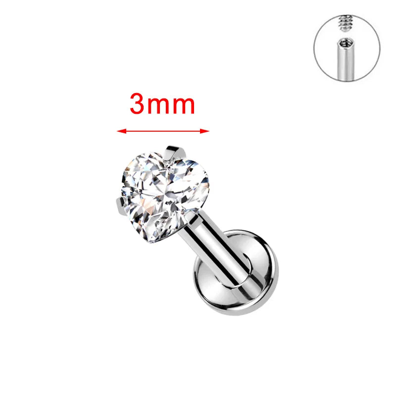 ZOOR ASTM F136 Titanium with Square Heart CZ Threaded Labret 3mm/4mm CZ Cartilage Tragus Helix Nose Stud Piercing Jewelry
