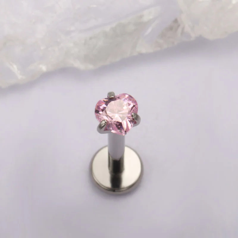 ZOOR ASTM F136 Titanium with Square Heart CZ Threaded Labret 3mm/4mm CZ Cartilage Tragus Helix Nose Stud Piercing Jewelry