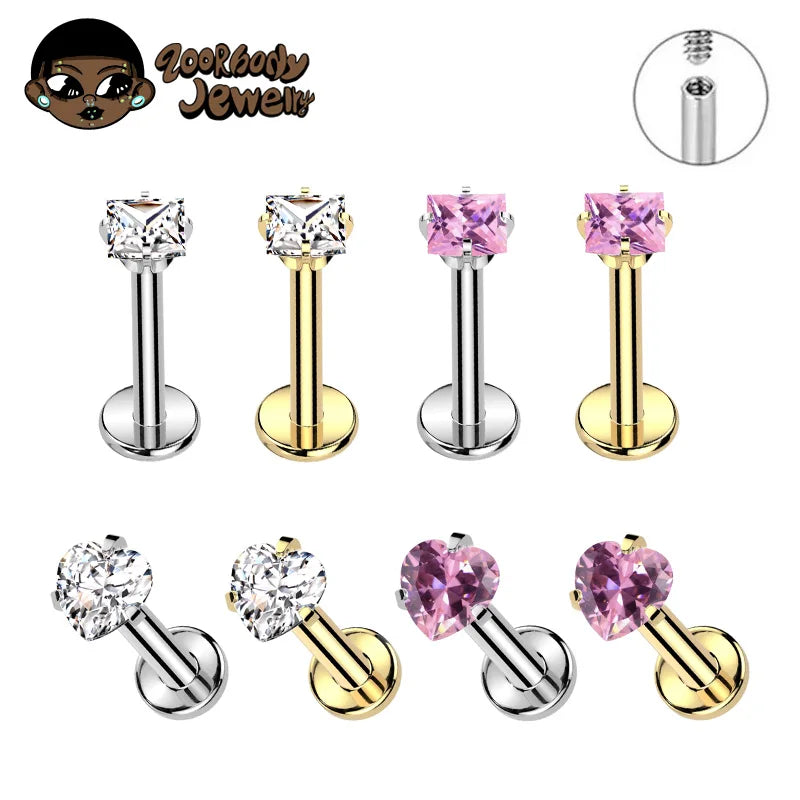 ZOOR ASTM F136 Titanium with Square Heart CZ Threaded Labret 3mm/4mm CZ Cartilage Tragus Helix Nose Stud Piercing Jewelry