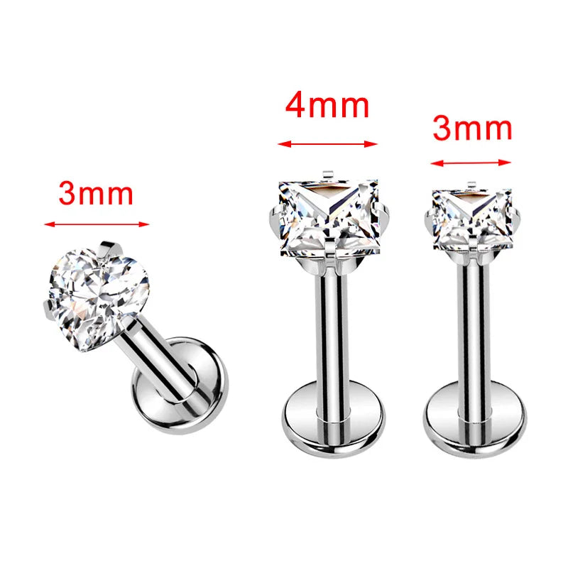 ZOOR ASTM F136 Titanium with Square Heart CZ Threaded Labret 3mm/4mm CZ Cartilage Tragus Helix Nose Stud Piercing Jewelry