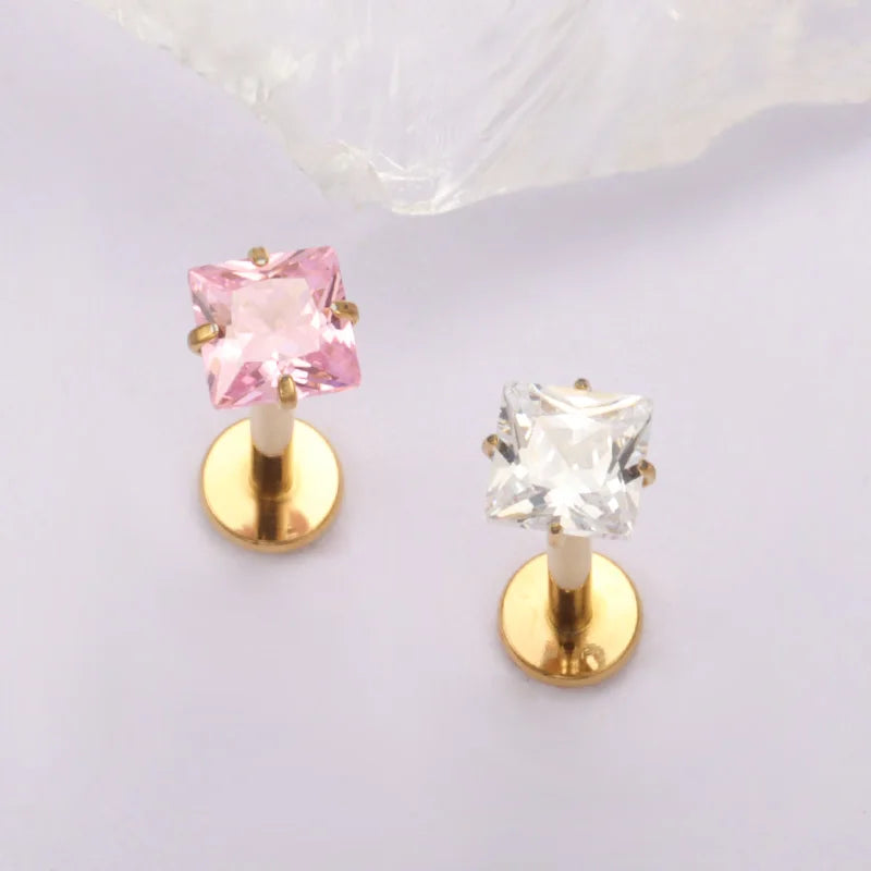 ZOOR ASTM F136 Titanium with Square Heart CZ Threaded Labret 3mm/4mm CZ Cartilage Tragus Helix Nose Stud Piercing Jewelry