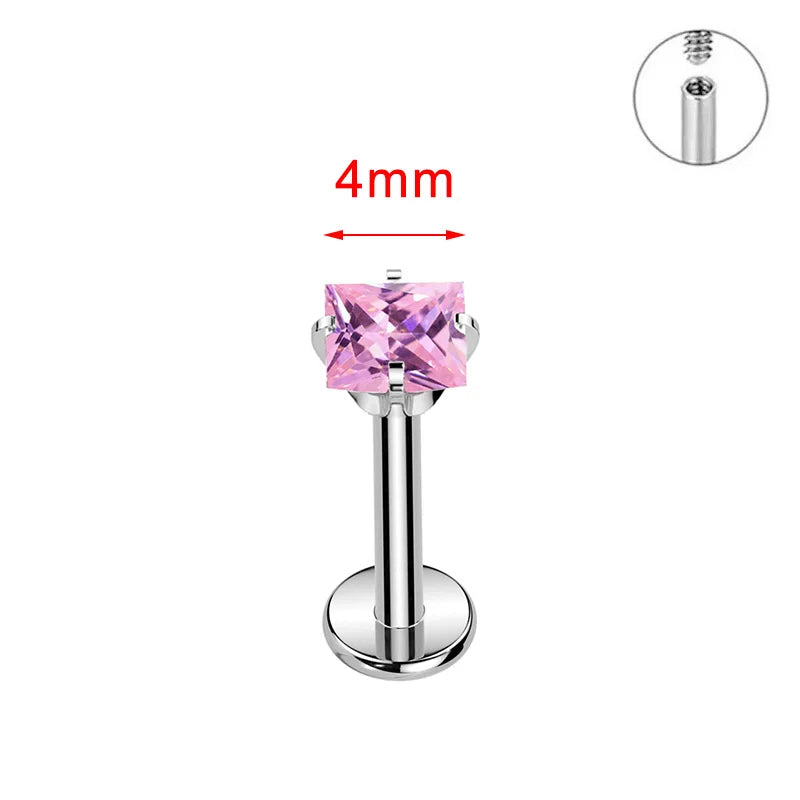 ZOOR ASTM F136 Titanium with Square Heart CZ Threaded Labret 3mm/4mm CZ Cartilage Tragus Helix Nose Stud Piercing Jewelry