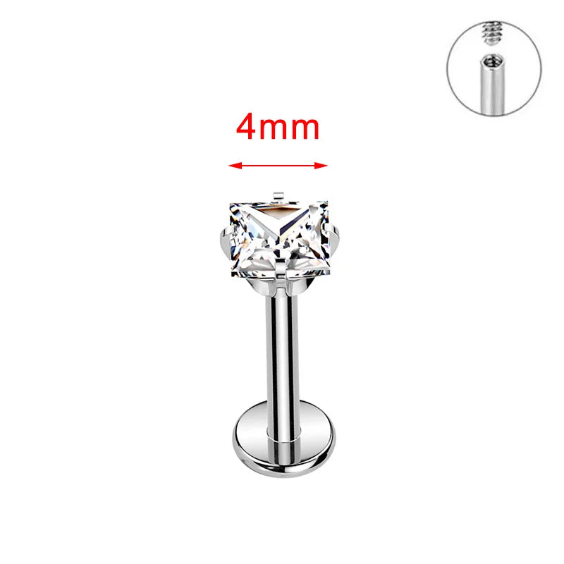 ZOOR ASTM F136 Titanium with Square Heart CZ Threaded Labret 3mm/4mm CZ Cartilage Tragus Helix Nose Stud Piercing Jewelry