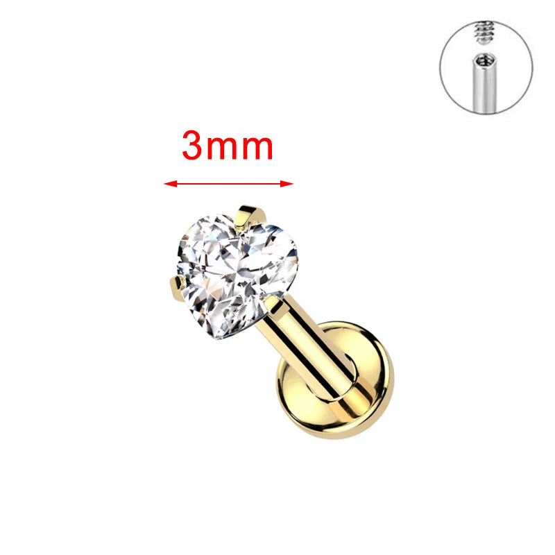 ZOOR ASTM F136 Titanium with Square Heart CZ Threaded Labret 3mm/4mm CZ Cartilage Tragus Helix Nose Stud Piercing Jewelry