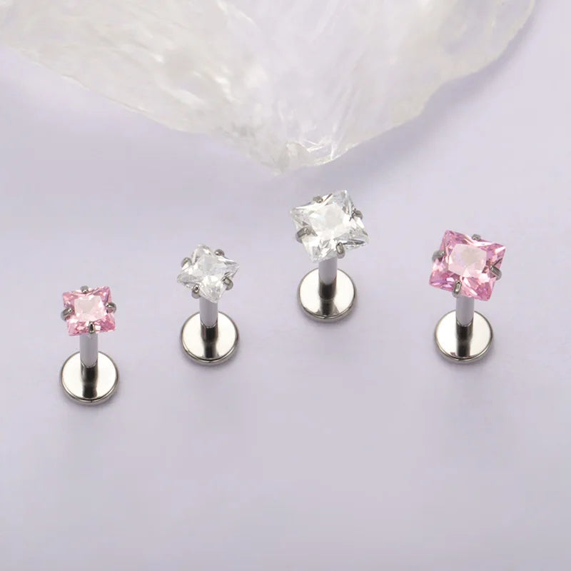 ZOOR ASTM F136 Titanium with Square Heart CZ Threaded Labret 3mm/4mm CZ Cartilage Tragus Helix Nose Stud Piercing Jewelry