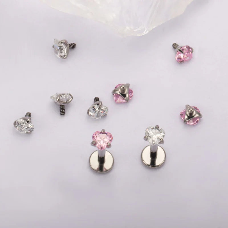 ZOOR ASTM F136 Titanium with Square Heart CZ Threaded Labret 3mm/4mm CZ Cartilage Tragus Helix Nose Stud Piercing Jewelry