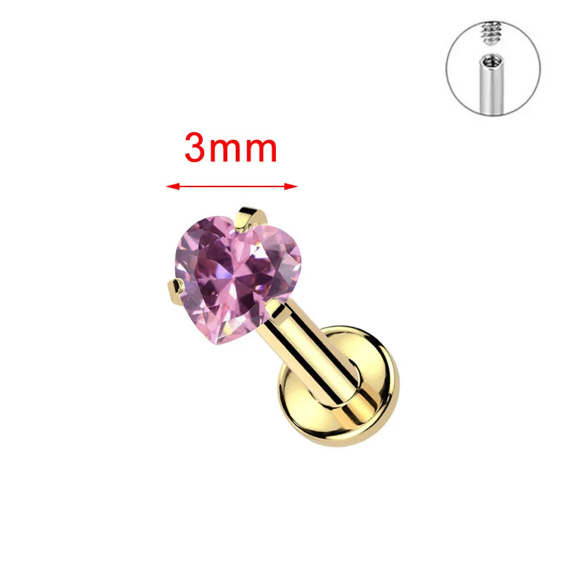 ZOOR ASTM F136 Titanium with Square Heart CZ Threaded Labret 3mm/4mm CZ Cartilage Tragus Helix Nose Stud Piercing Jewelry