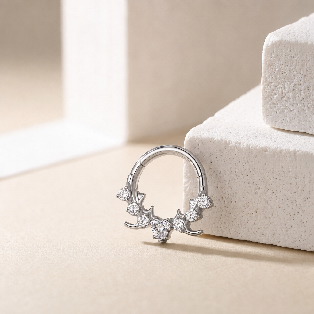 ZOOR Titanium Antler Heart CZ Hinged Hoop