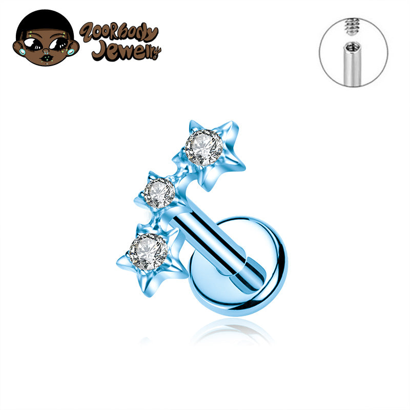 ZOOR ASTM F136 Titanium Triple Star Cluster Cartilage Earring 16G 18G Flat Back Labret Stud New Tragus Helix Piercing Jewelry