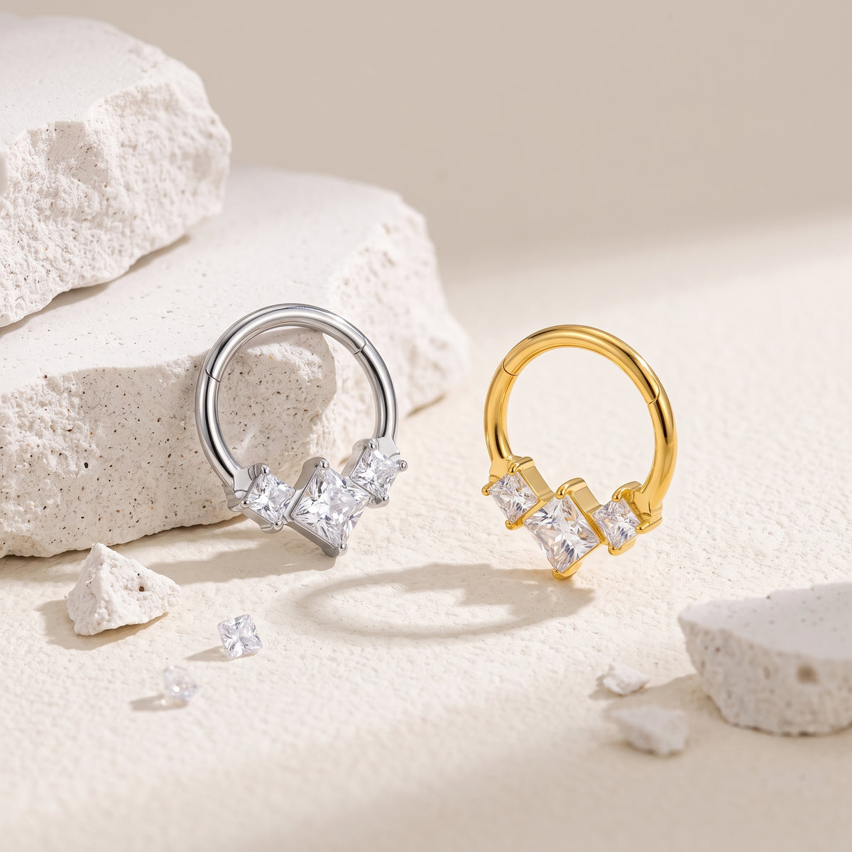 ZOOR Titanium Princess Cut Square CZ Hinged Hoop