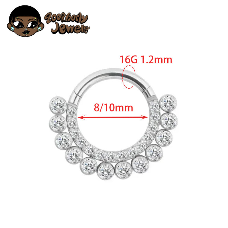 ZOOR ASTM F136 G23 Titanium Fan‑Shaped Paved Clear CZ Hinged Clicker Hoop Septum Daith Helix Cartilage Piercing Jewelry 16G