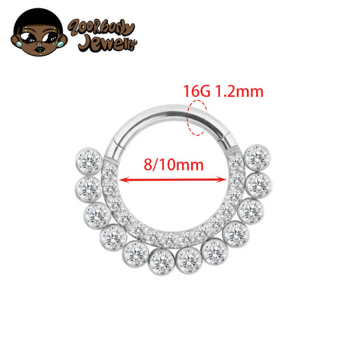 ZOOR ASTM F136 G23 Titanium Fan‑Shaped Paved Clear CZ Hinged Clicker Hoop Septum Daith Helix Cartilage Piercing Jewelry 16G