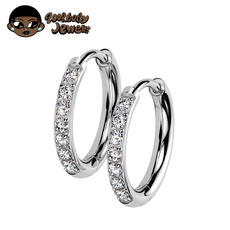 ZOOR Titanium Double Band Half Paved CZ Hinged Hoop Pair