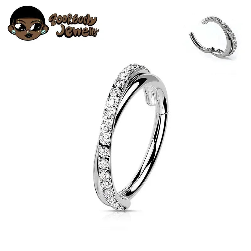 ZOOR Titanium Twisted Band Paved CZ Hinged Clicker Ring