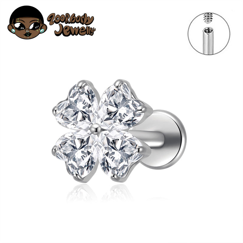 ZOOR ASTM F136 Titanium Four Leaf Clover Heart CZ Internally Threaded Labret Stud Tragus Helix Piercing Earring