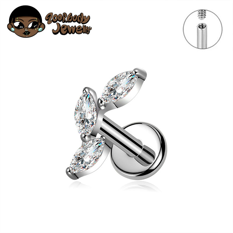 ZOOR ASTM F136 Titanium Triple Marquise CZ Internally Threaded Labret Stud Tragus Helix Piercing Earring