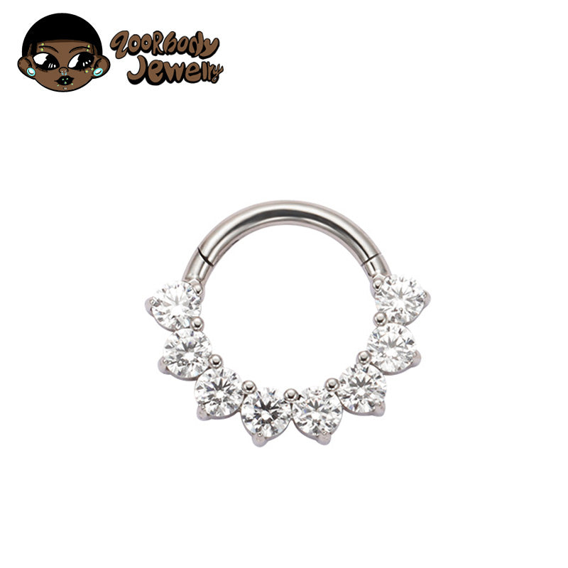 ZOOR ASTM F136 G23 Titanium 7‑Stone Fan‑Shape Clear CZ Hinged Clicker Hoop Septum Daith Helix Cartilage Piercing Jewelry