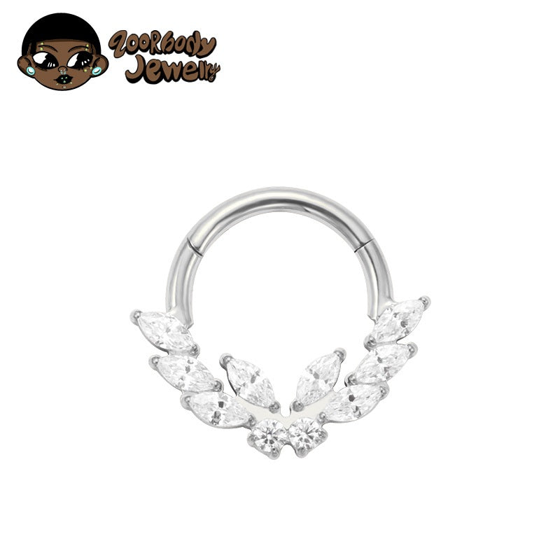 ZOOR ASTM F136 G23 Titanium V‑Shape Wing Marquise Clear CZ Hinged Clicker Hoop Septum Daith Helix Cartilage Piercing Jewelry