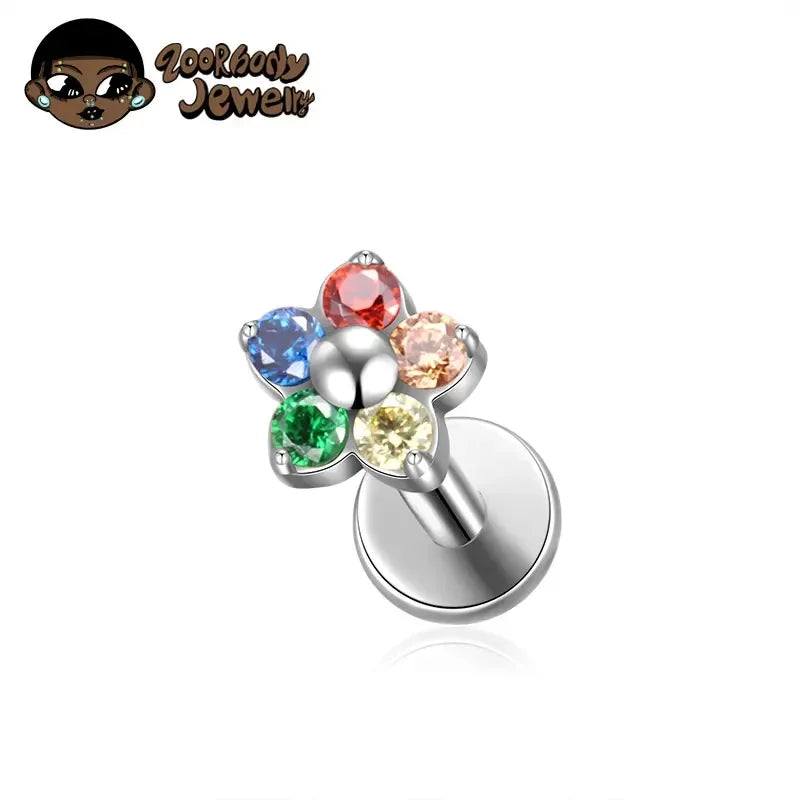 ZOOR ASTM F136 Titanium Flower CZ Internally Threaded Labret Stud 3.2mm & 4.5mm Tragus Helix Piercing Earring