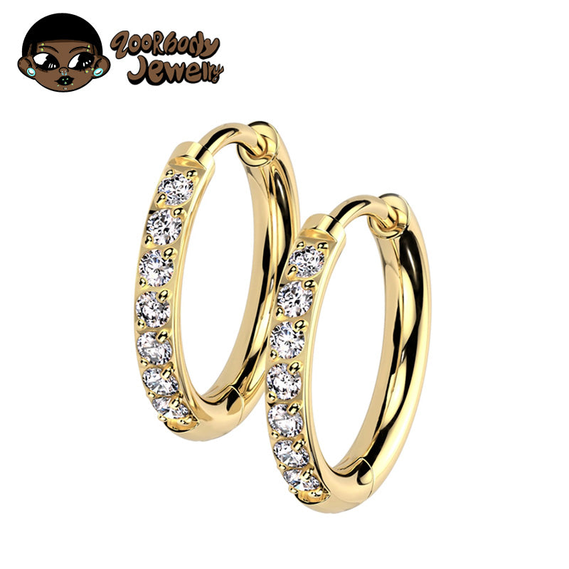 ZOOR Titanium Double Band Half Paved CZ Hinged Hoop Pair