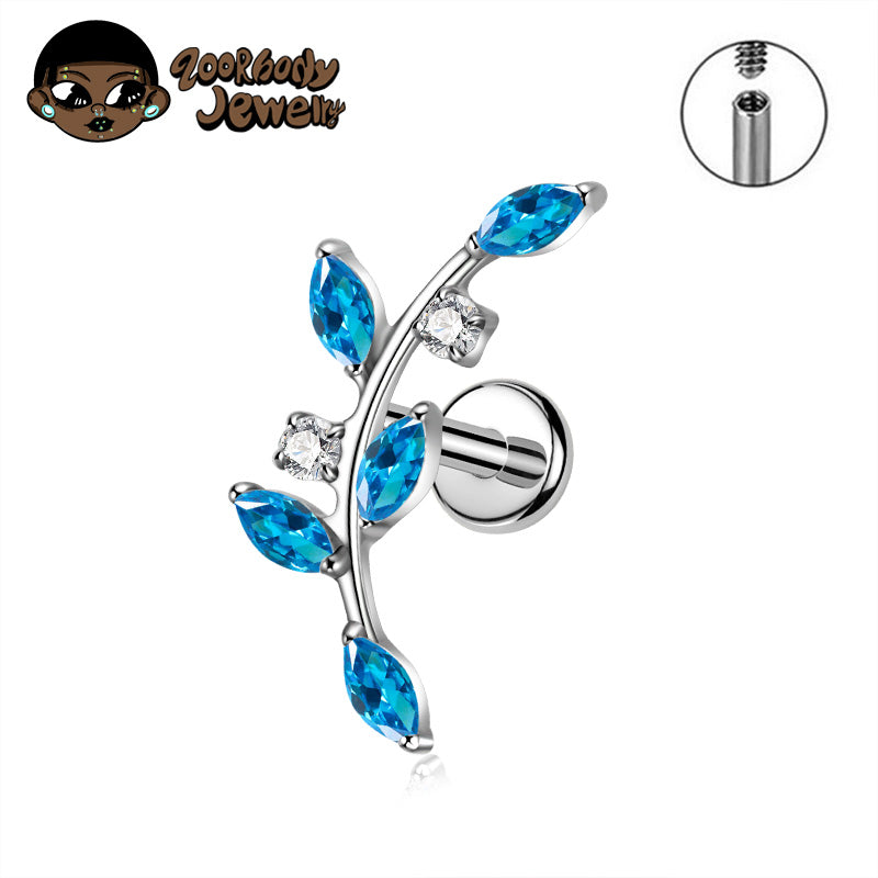 ZOOR ASTM F136 Titanium Curved Vine Marquise & Square CZ Internally Threaded Labret Stud Helix Tragus Piercing Earring
