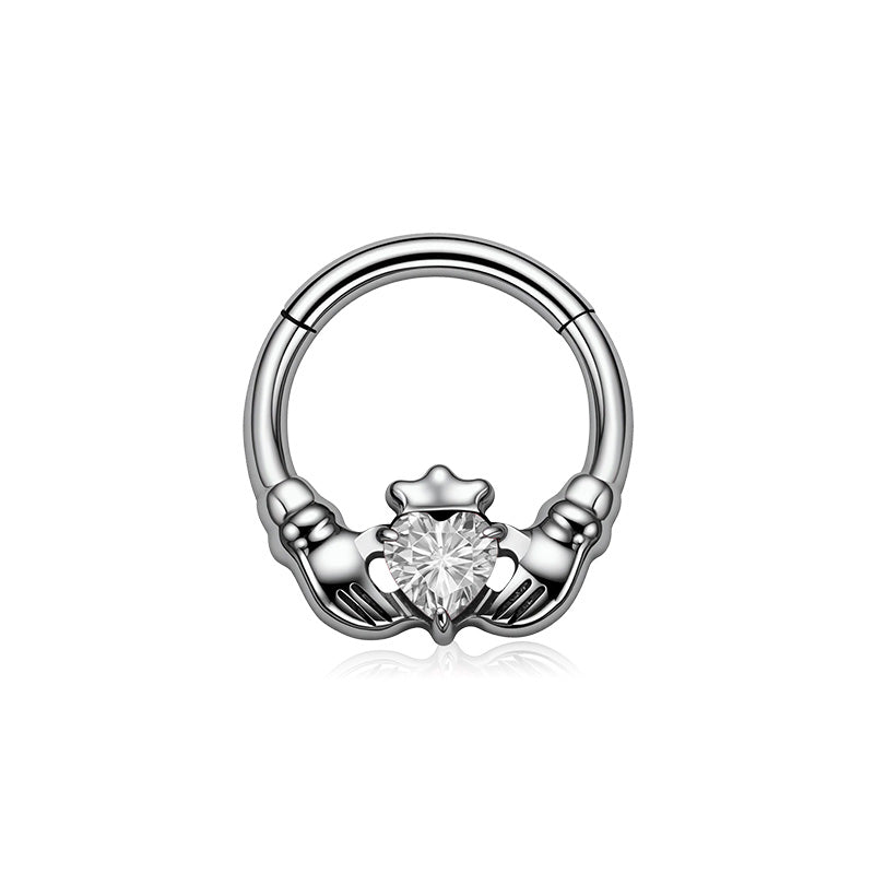 ZOOR Titanium Claddagh Heart CZ Hinged Hoop